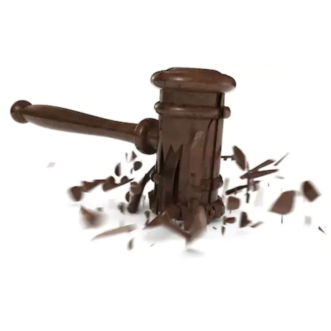 Martelo de juiz com a base estilhaçada, em referência ao caso MARIANA FERRER e à Nota de Repúdio da FENAJUFE