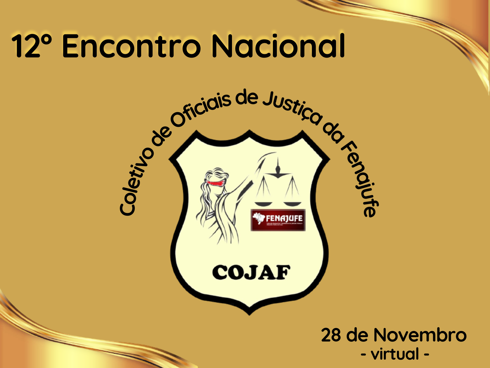Logomarca dourada com o emblema do COJAF ao centro, informando 28 de novembro como data de realização
