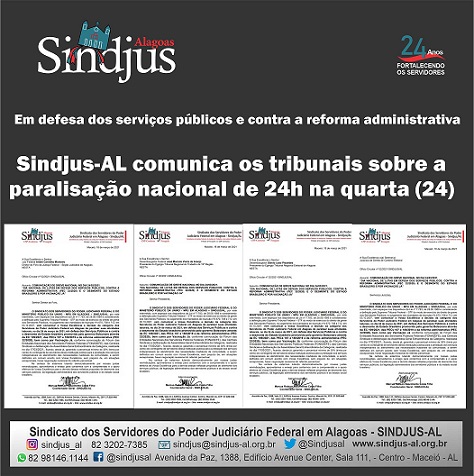 Sindjus-AL comunica os tribunais sobre a paralisação nacional de 24h na quarta-feira (24)