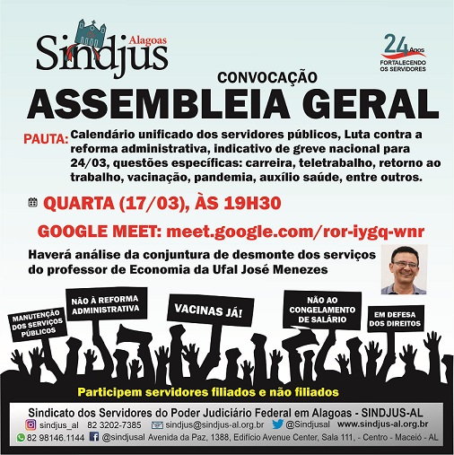 Sindjus-AL realizará assembleia geral para discutir o indicativo de greve nacional nesta quarta (17)