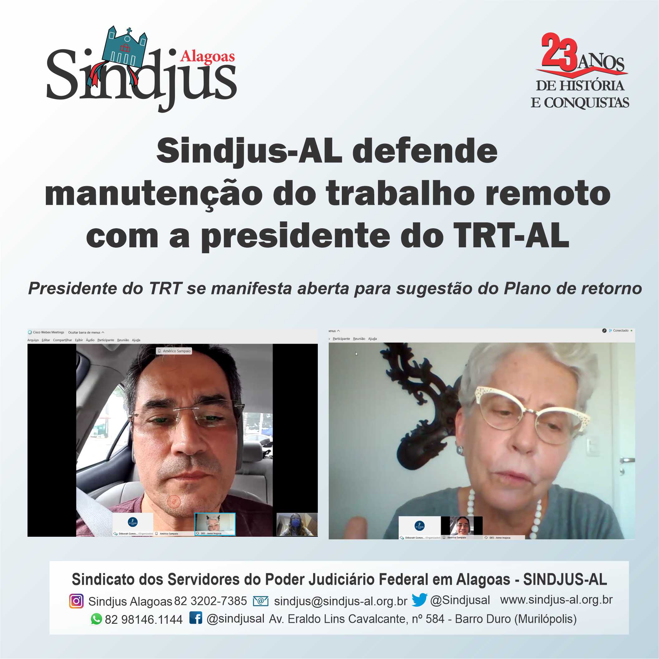 Sindjus-AL defende manutenção do trabalho remoto com a presidente do TRT-AL
