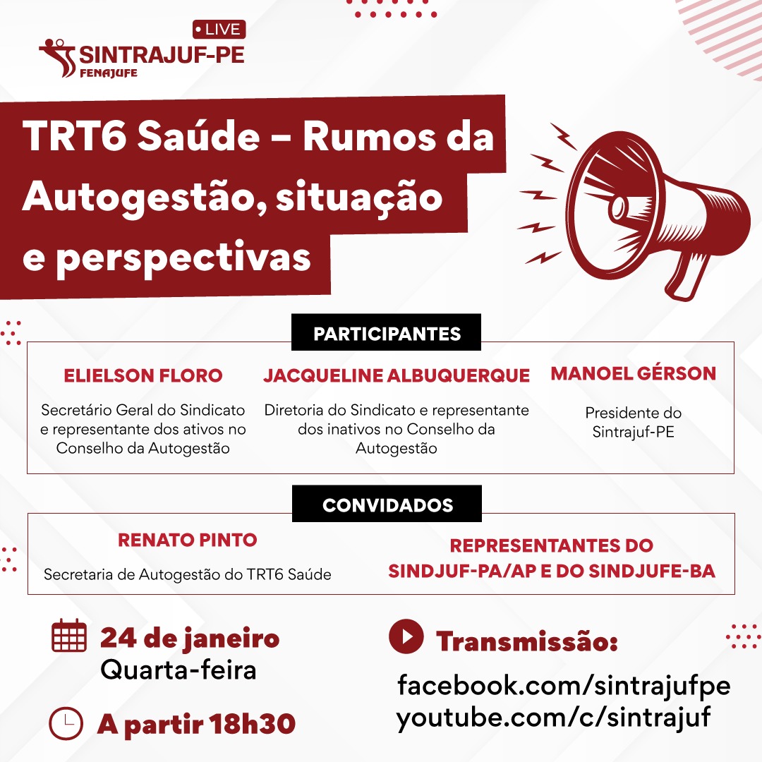 Sintrajuf-PE convida categoria a participar de live sobre os rumos do TRT6 Saúde