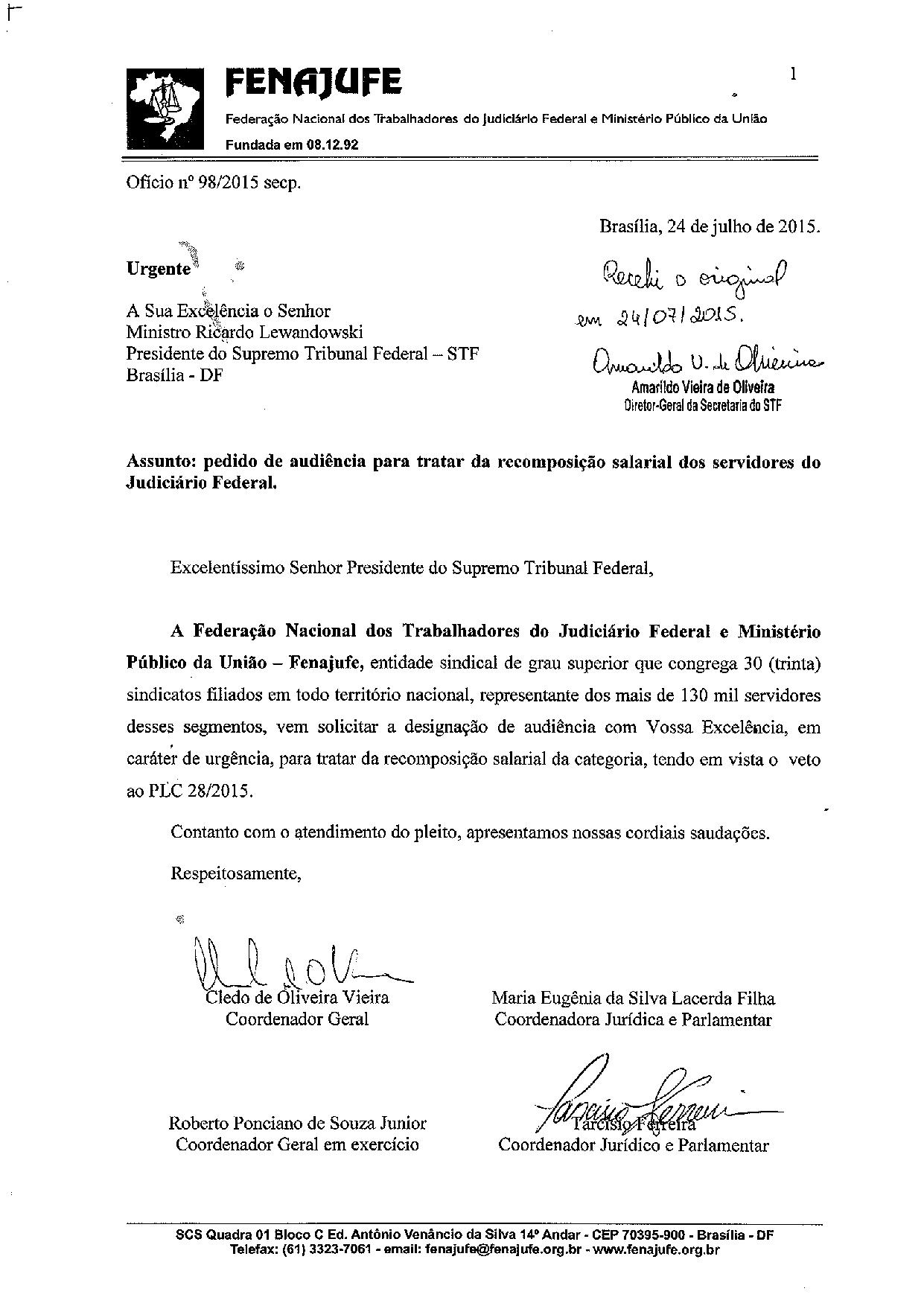 Fenajufe protocola pedido de audiência urgente com Lewandowski para tratar do PLC 28