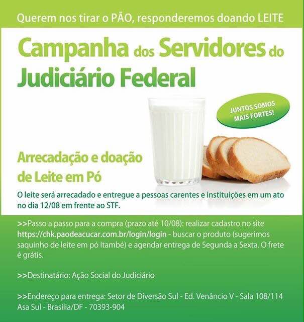 Sindjus/DF realiza campanha de arrecadação e doação de leite em pó