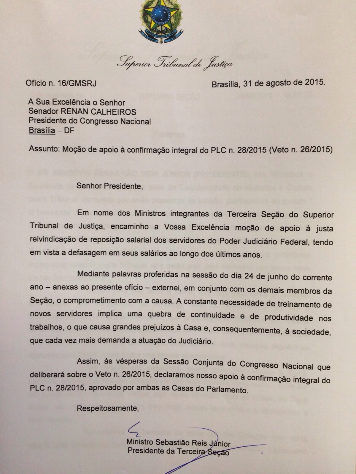 Terceira Seção do STJ pede derrubada do veto ao PLC 28