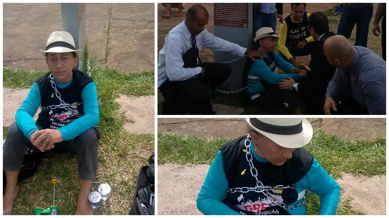 Contra o cancelamento da sessão, Servidora do TRT/AL se acorrenta em frente ao Congresso Nacional