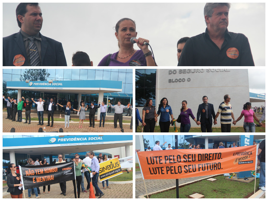 Abraço simbólico protege prédio da Previdência contra reforma proposta pelo governo