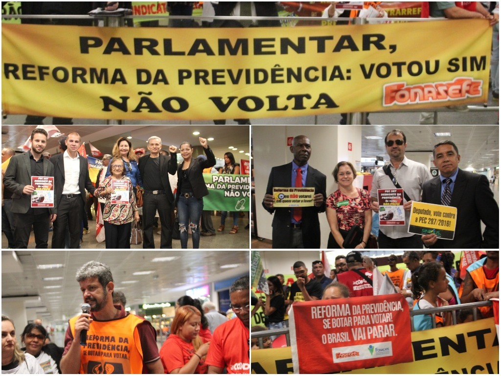 Trabalhadores protestam contra reforma da Previdência no aeroporto de Brasília