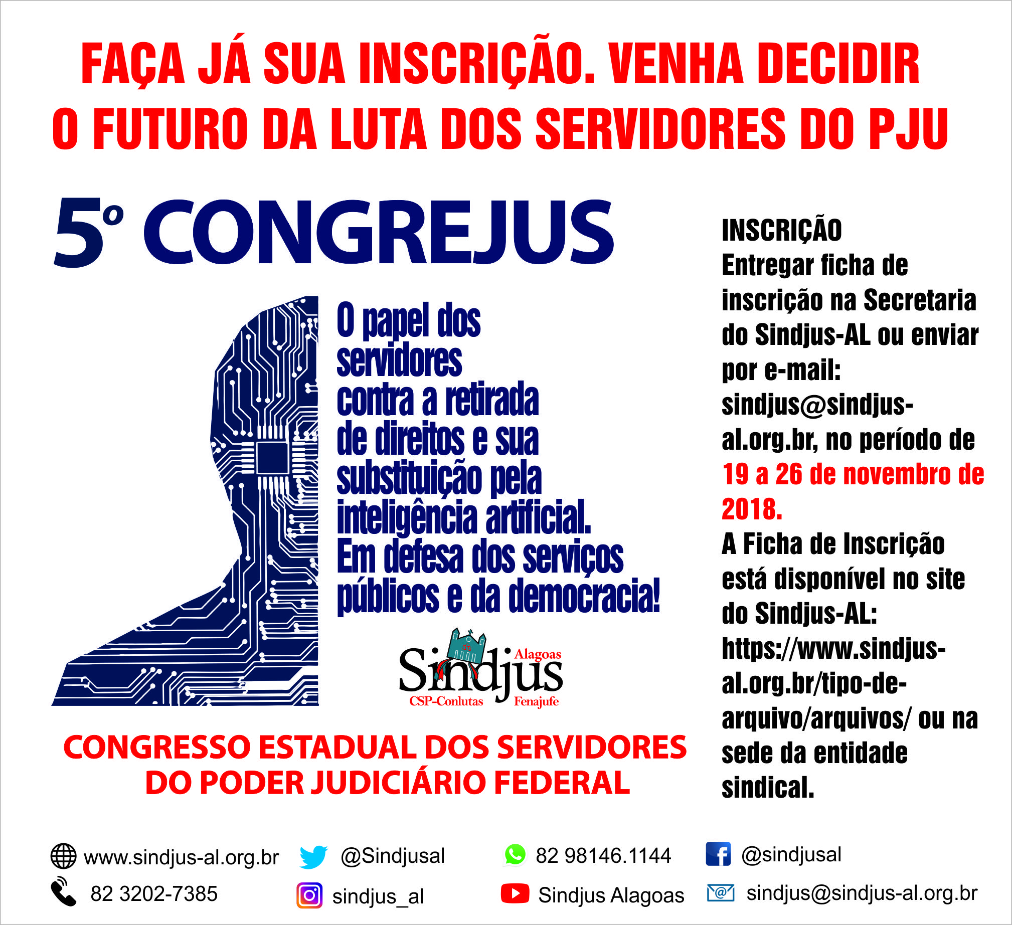 Sindjus (AL) informa que as inscrições do 5º Congrejus estão abertas até o dia 26