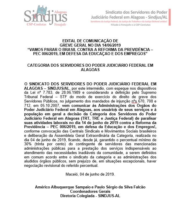 Sindjus-AL comunica aos tribunais a adesão à greve geral dos servidores do Judiciário Federal no dia 14