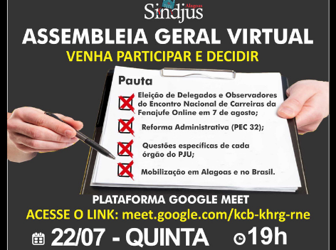 Sindjus-AL fará assembleia geral virtual nesta quinta (22) para tratar de carreiras e da mobilização