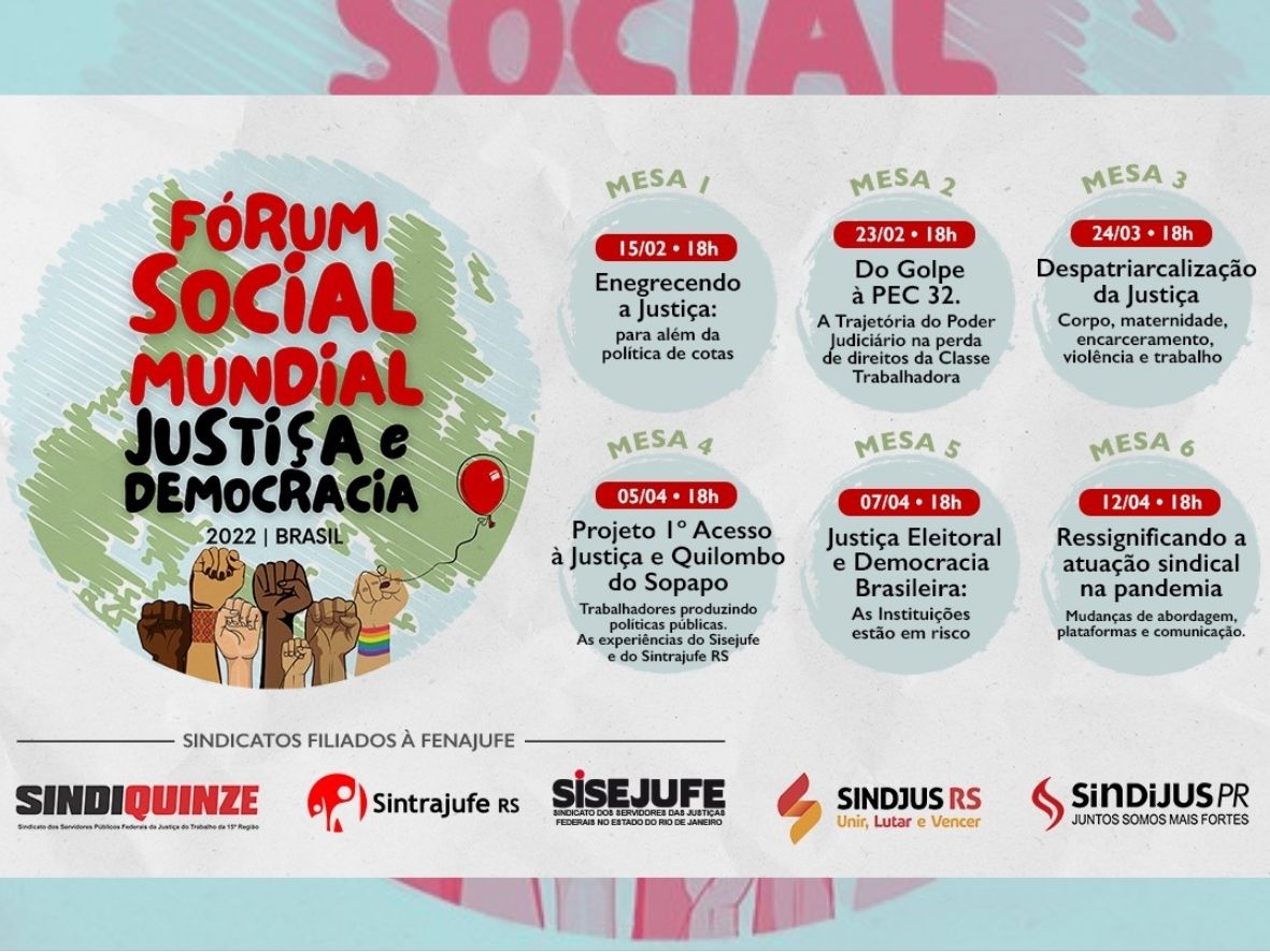 Fórum Social Mundial: Sisejufe será responsável pela condução de seis mesas virtuais, em parceria com sindicatos