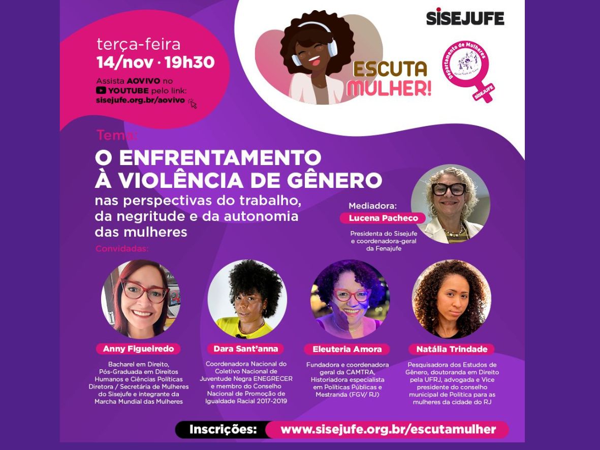 Veja os nomes que comporão o debate do próximo “Escuta Mulher”, que acontecerá na terça, dia 14/11 Veja os nomes que comporão o debate do próximo “Escuta Mulher”, que acontecerá na terça, dia 14/11 Com o tema “O enfrentamento à violência de